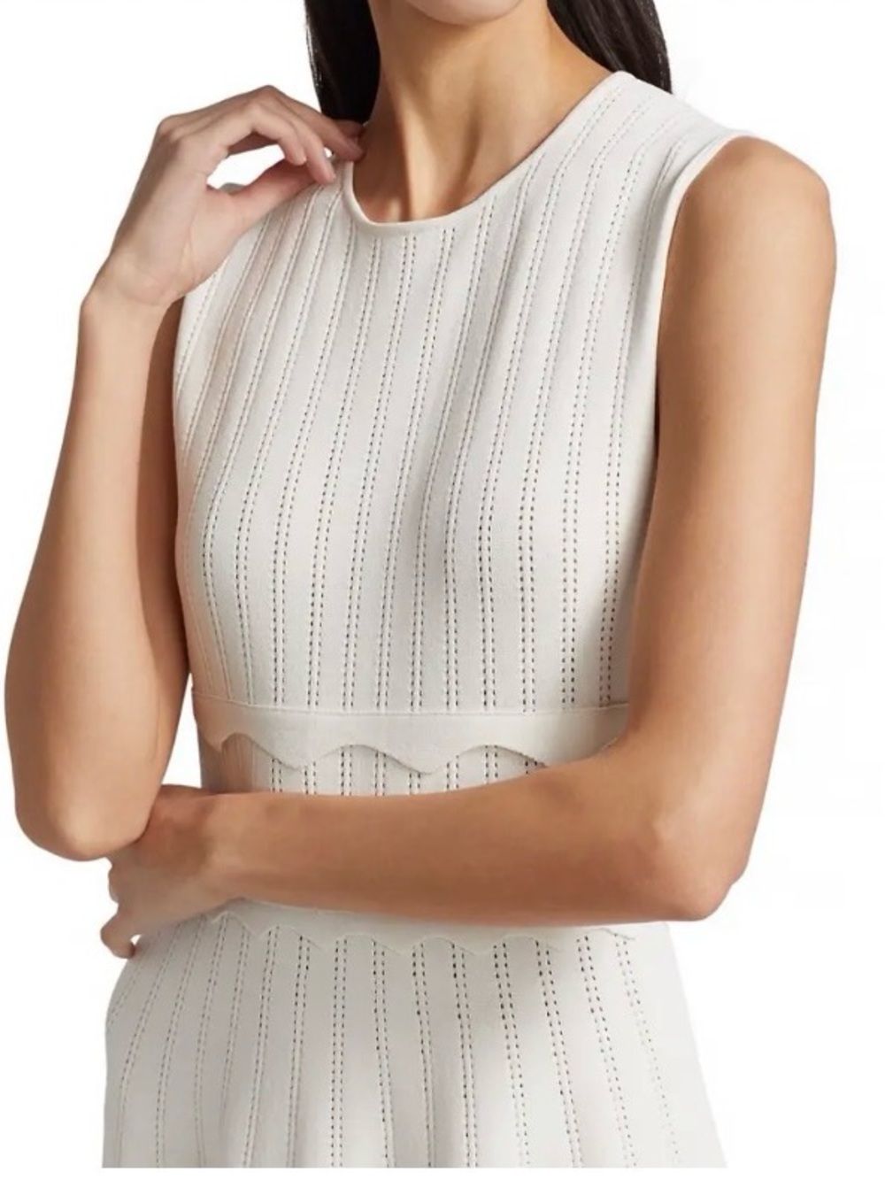 Lela Rose Fit and Flare Midi Dress Sleeveless Scalloped Knit Dress in Cream